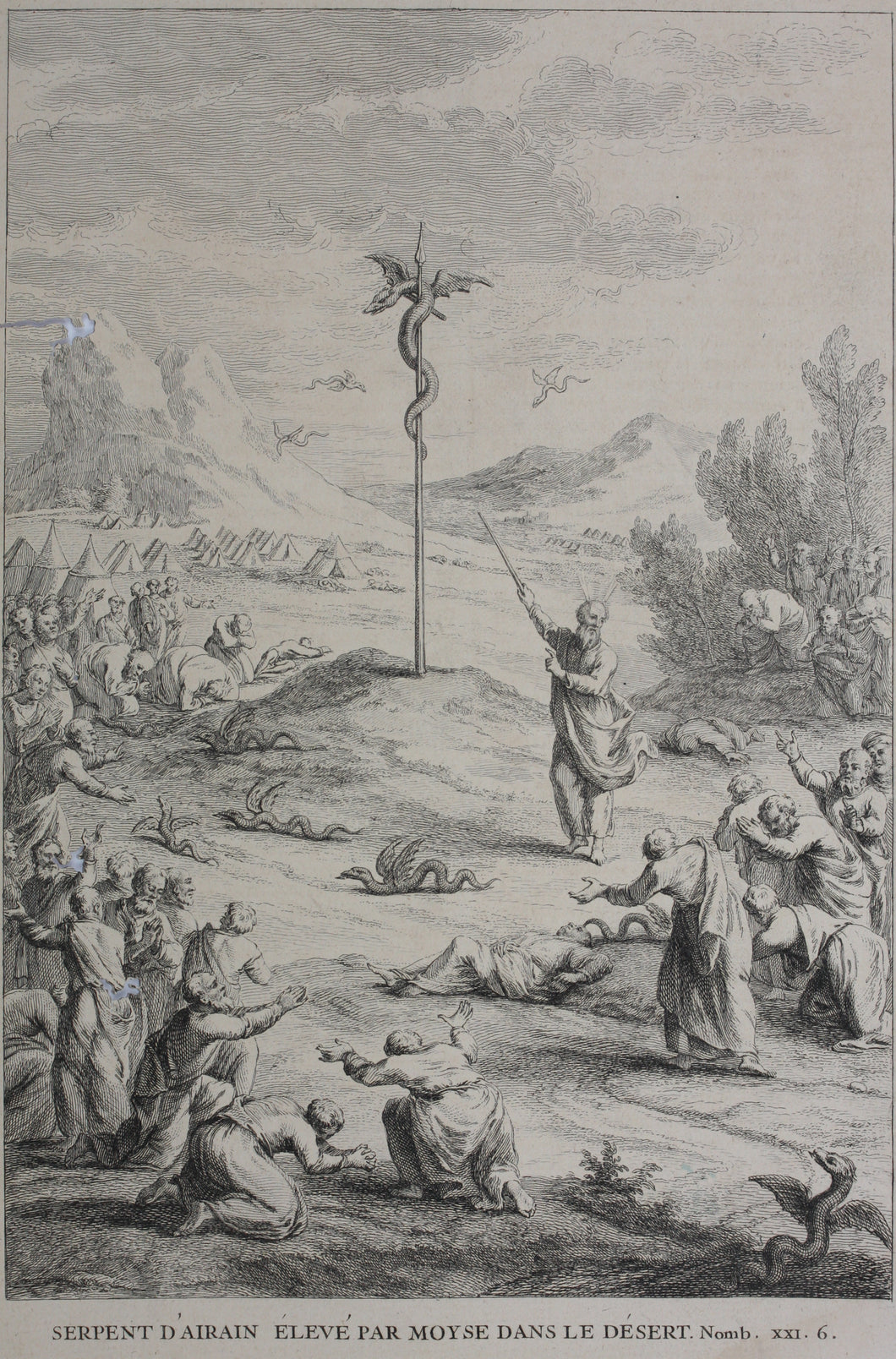 Augustin Calmet. Serpent d'Airain élevé par Moïse dans le Désert. Engraving. 1728.
