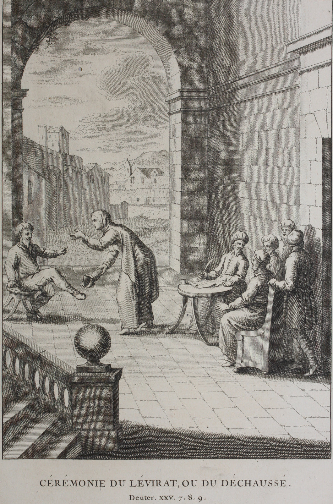 Augustin Calmet. Ceremonie du Levirat, ou du Deshausse. Engraving. 1728.