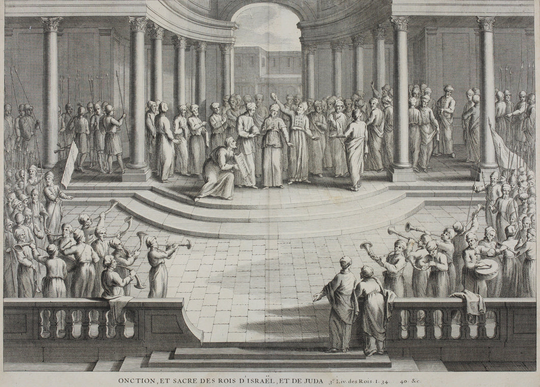 Augustin Calmet. Onction, et sacre des Rois d'Israël, et de Juda. Engraving. 1728.