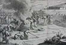Load image into Gallery viewer, Augustin Calmet. Cérémonies du sacrifice de la vache rousse bruslée hors du camp d&#39;Israël.  Engraving. 1728.
