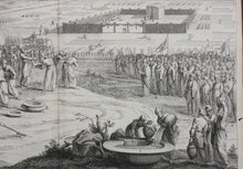 Load image into Gallery viewer, Augustin Calmet. Cérémonies du sacrifice de la vache rousse bruslée hors du camp d&#39;Israël.  Engraving. 1728.
