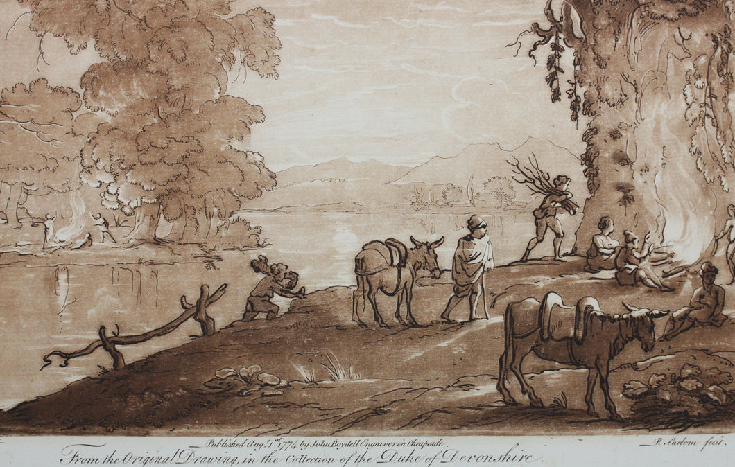 Claude Lorrain, after. A Landscape by Moonlight, with Peasants lighting a Fire. Etching by Richard Earlom. 1774.