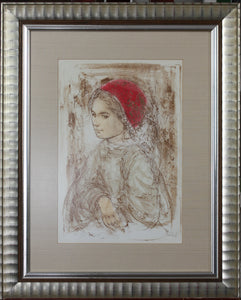 Edna Hibel Plotkin. A girl in the red hat. IV. Color lithograph. Circa 1970.