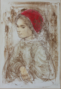 Edna Hibel Plotkin. A girl in the red hat. IV. Color lithograph. Circa 1970.