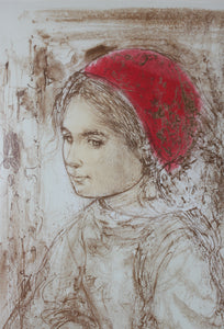Edna Hibel Plotkin. A girl in the red hat. IV. Color lithograph. Circa 1970.