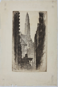 Alonzo C. "A. C." Webb. Paris of Mather Tower Chicago. Etching. Circa 1930.