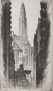 Alonzo C. "A. C." Webb. Paris of Mather Tower Chicago. Etching. Circa 1930.