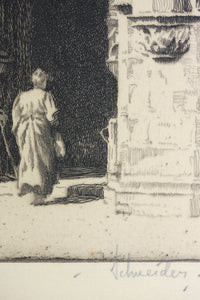 Otto J. Schneider. Entrance of the Church of St Nicholas-des-Champs, Paris. Etching. 1915.
