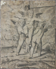 Load image into Gallery viewer, Parmigianino, after. Four Cupids; Apollo and Daphne in the Background. Engraved by Anonymous, Italian, 16th to early 17th century.
