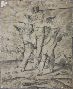 Parmigianino, after. Four Cupids; Apollo and Daphne in the Background. Engraved by Anonymous, Italian, 16th to early 17th century.