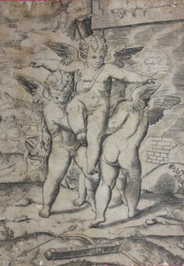 Parmigianino, after. Four Cupids; Apollo and Daphne in the Background. Engraved by Anonymous, Italian, 16th to early 17th century.