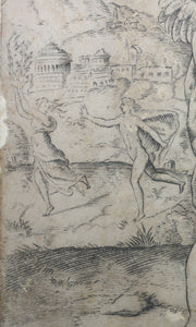 Parmigianino, after. Four Cupids; Apollo and Daphne in the Background. Engraved by Anonymous, Italian, 16th to early 17th century.