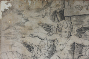 Parmigianino, after. Four Cupids; Apollo and Daphne in the Background. Engraved by Anonymous, Italian, 16th to early 17th century.