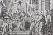 Load image into Gallery viewer, Maarten van Heemskerck, after. Cyrus Showing Bel and His Food to Daniel. Engraving by Philips Galle. 1565.

