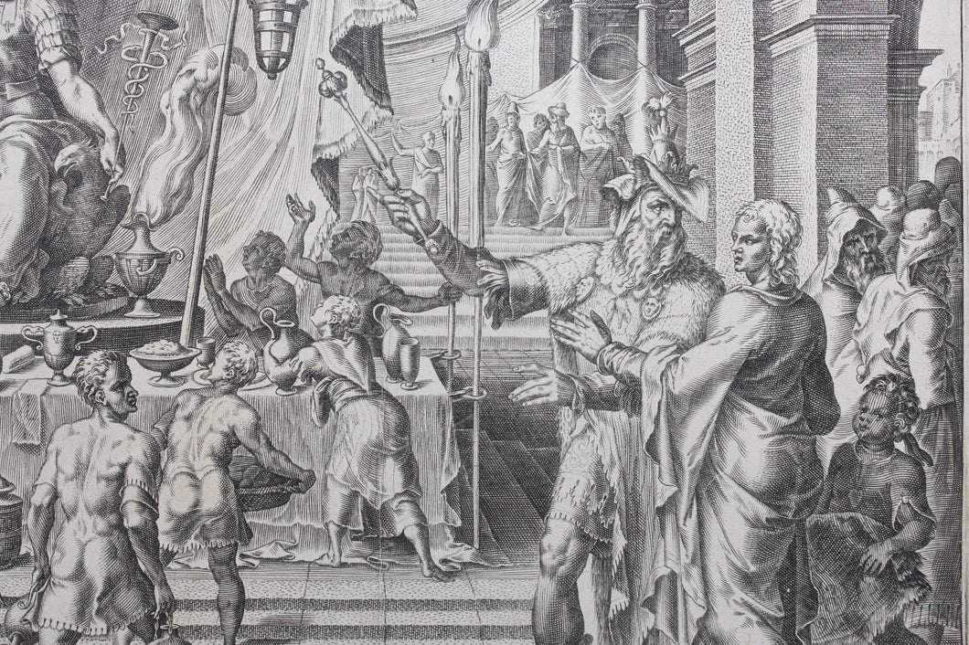 Maarten van Heemskerck, after. Cyrus Showing Bel and His Food to Daniel. Engraving by Philips Galle. 1565.