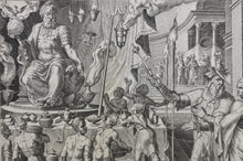 Load image into Gallery viewer, Maarten van Heemskerck, after. Cyrus Showing Bel and His Food to Daniel. Engraving by Philips Galle. 1565.

