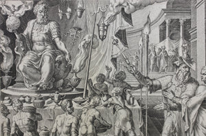 Maarten van Heemskerck, after. Cyrus Showing Bel and His Food to Daniel. Engraving by Philips Galle. 1565.