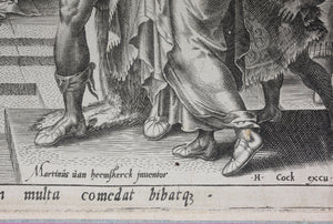 Maarten van Heemskerck, after. Cyrus Showing Bel and His Food to Daniel. Engraving by Philips Galle. 1565.