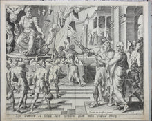 Load image into Gallery viewer, Maarten van Heemskerck, after. Cyrus Showing Bel and His Food to Daniel. Engraving by Philips Galle. 1565.
