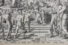 Load image into Gallery viewer, Maarten van Heemskerck, after. Cyrus Showing Bel and His Food to Daniel. Engraving by Philips Galle. 1565.
