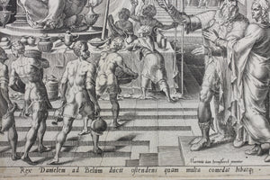 Maarten van Heemskerck, after. Cyrus Showing Bel and His Food to Daniel. Engraving by Philips Galle. 1565.