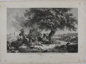 Jean-Baptiste Hilair, after. Halt of Travelers. Engraving and Etching by  Carl Guillaume Weisbrod  & Heinrich Guttenberg. 1782.