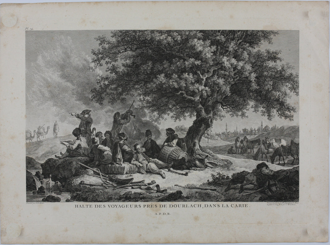 Jean-Baptiste Hilair, after. Halt of Travelers. Engraving and Etching by  Carl Guillaume Weisbrod  & Heinrich Guttenberg. 1782.