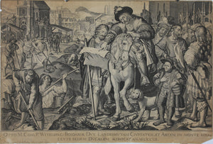 Peter de Witte, after. Peter Candid, after. The Construction of Landshut in Bayern. Engraving and etching by Carl Gustav von Amling. 1697.