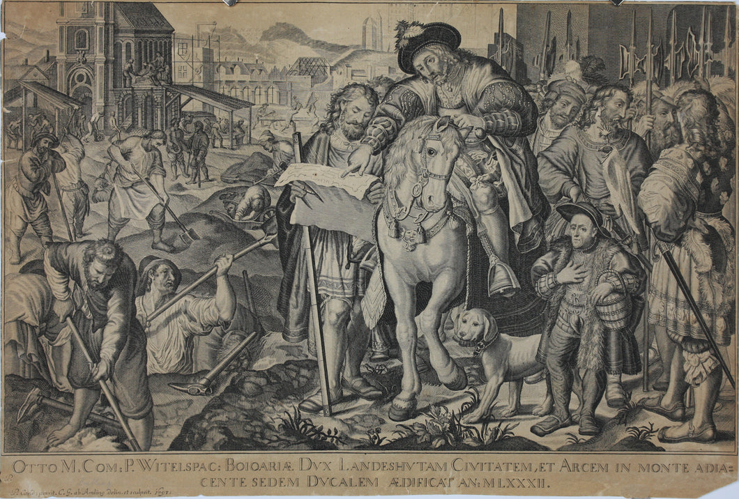 Peter de Witte, after. Peter Candid, after. The Construction of Landshut in Bayern. Engraving and etching by Carl Gustav von Amling. 1697.