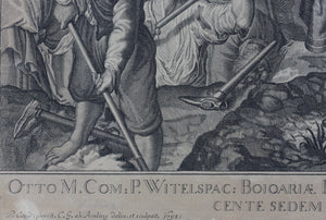 Peter de Witte, after. Peter Candid, after. The Construction of Landshut in Bayern. Engraving and etching by Carl Gustav von Amling. 1697.