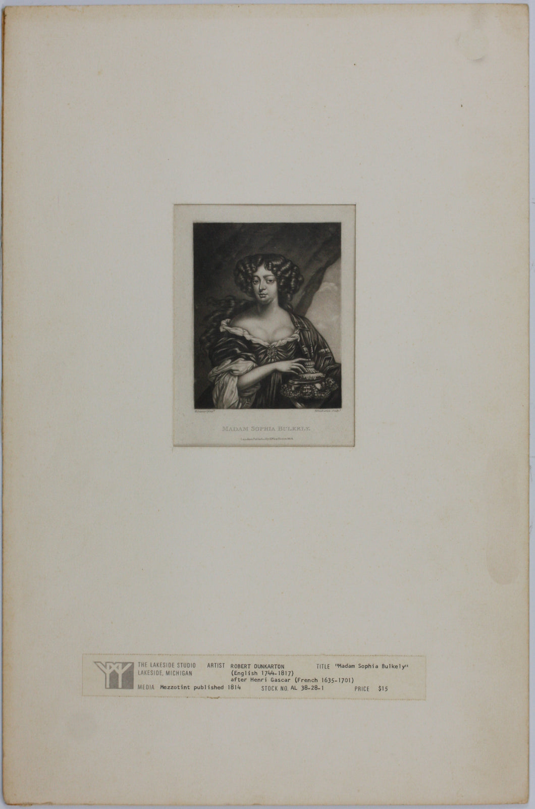 Henri Gascar, after. Portrait of Madam Sophia Bulkely. Mezzotint by Robert Dunkarton. 1814.