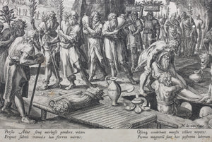 Maarten de Vos, after. The funeral of Adam. Engraving by Jan Sadeler I. 1586.