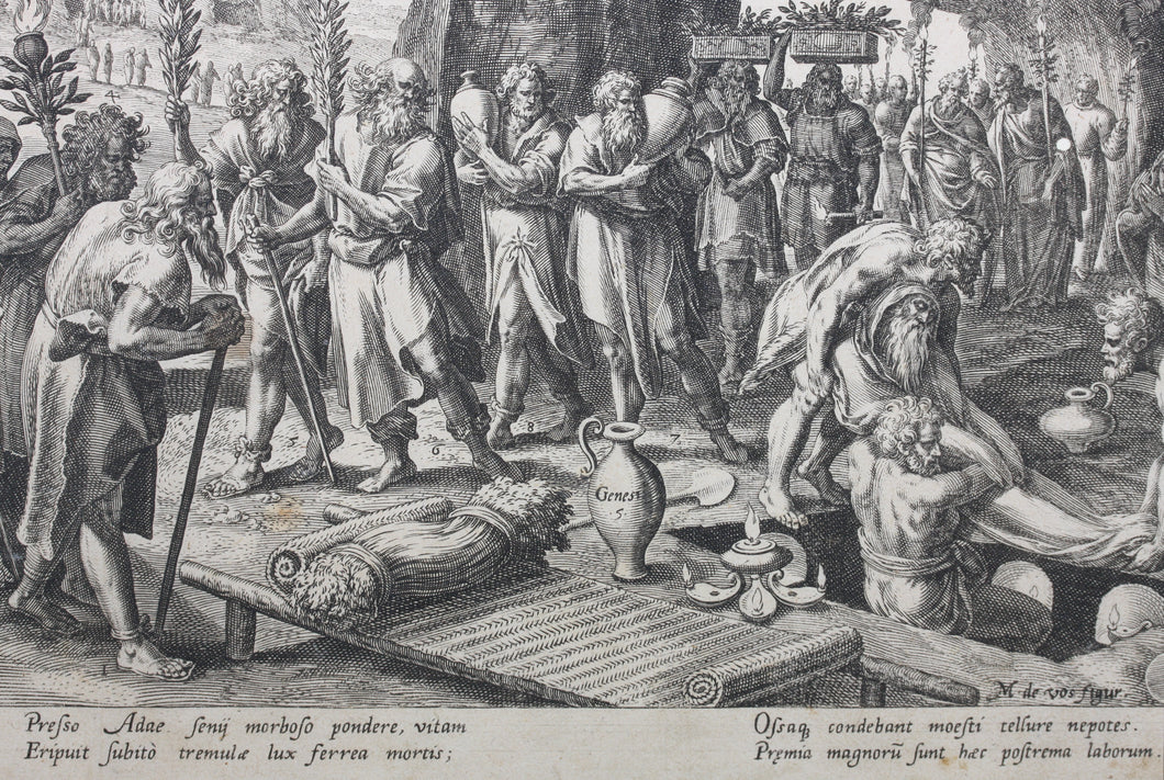Maarten de Vos, after. The funeral of Adam. Engraving by Jan Sadeler I. 1586.