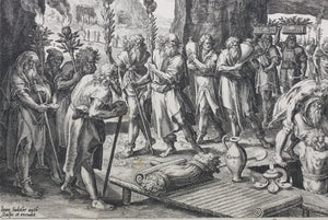 Maarten de Vos, after. The funeral of Adam. Engraving by Jan Sadeler I. 1586.