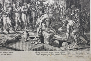Maarten de Vos, after. The funeral of Adam. Engraving by Jan Sadeler I. 1586.