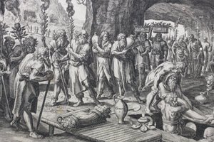 Maarten de Vos, after. The funeral of Adam. Engraving by Jan Sadeler I. 1586.