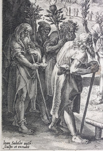 Maarten de Vos, after. The funeral of Adam. Engraving by Jan Sadeler I. 1586.