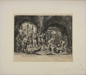 Maarten de Vos, after. The funeral of Adam. Engraving by Jan Sadeler I. 1586.