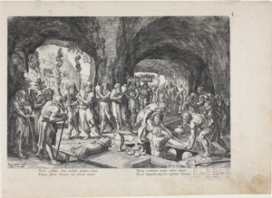 Maarten de Vos, after. The funeral of Adam. Engraving by Jan Sadeler I. 1586.