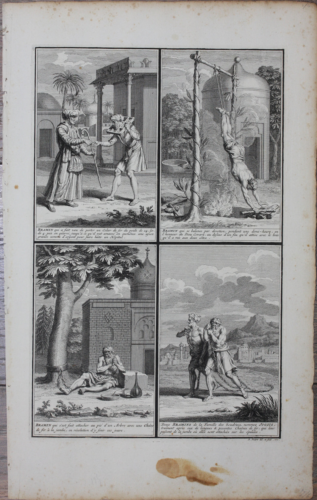 Bernard Picart. Four scenes depicting Brahmins practicing Hinduism. Engraving. 1721.