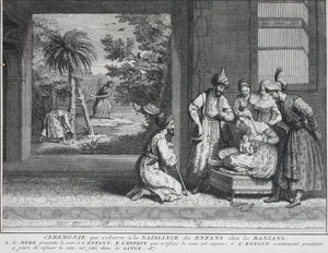 Bernard Picart. Ceremony observed at the birth of children among the Banians. Engraving. 1728.