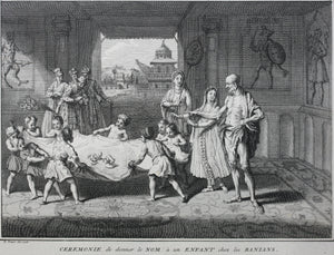 Bernard Picart. Ceremony observed at the birth of children among the Banians. Engraving. 1728.