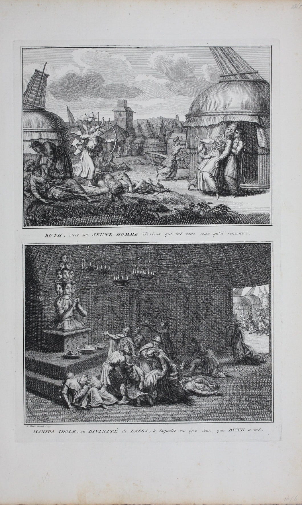 Bernard Picart. Buth, the deity of death. Worship of Manipa. Engraving. 1727.