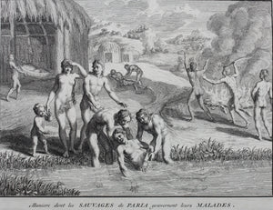Bernard Picart. Treatment of the sick and burying the dead savages in Venezuela. Engraving. 1723.
