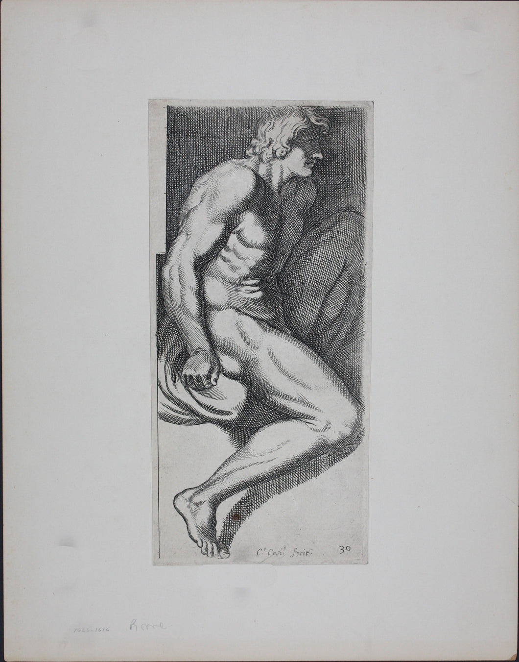 Annibale Carracci, after. An Ignudo. Etching by Carlo Cesi. 1657.