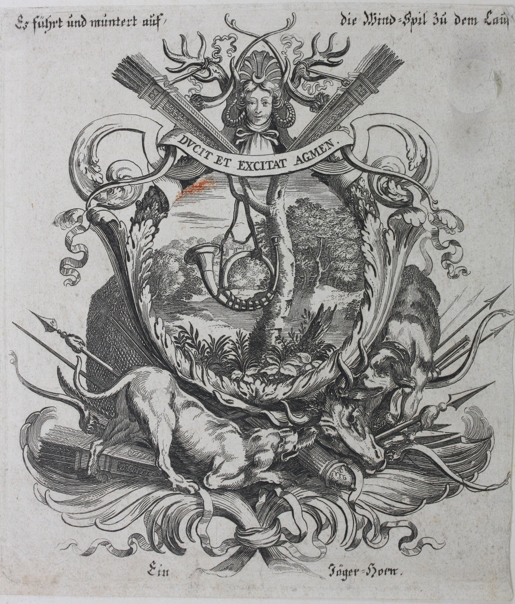 Johann Ulrich Kraus. A chasing horn. Engraving. C. 1690.