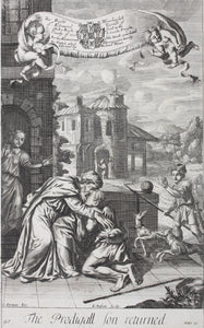 G. Freman, after. The Prodigal Son. Dives and Lazarus. Double sides engraving by L.Masson. 1688-1690.