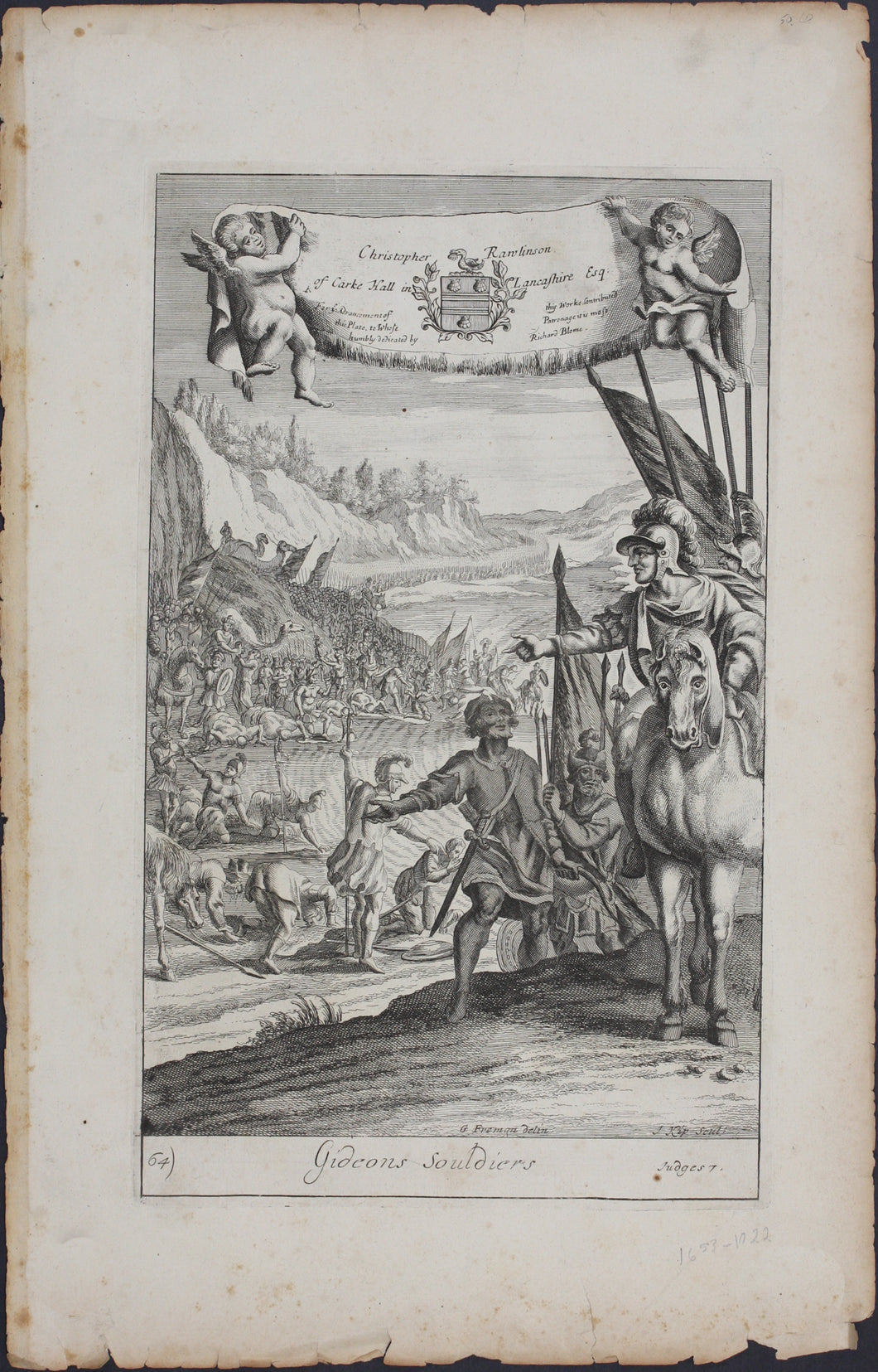 G. Freman, after. Gideon Soldiers. The defeat of the Midianites. Double-sided engraving by Jan Kip and Frederick Hendrik Van Hove. 1688-1690..