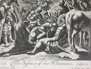 G. Freman, after. Gideon Soldiers. The defeat of the Midianites. Double-sided engraving by Jan Kip and Frederick Hendrik Van Hove. 1688-1690..