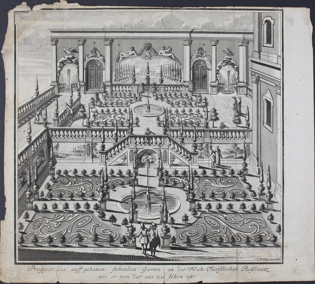 Tobias Gabriel Beckh. View of Hanging Gardens in Passau. Engraving. 1708.